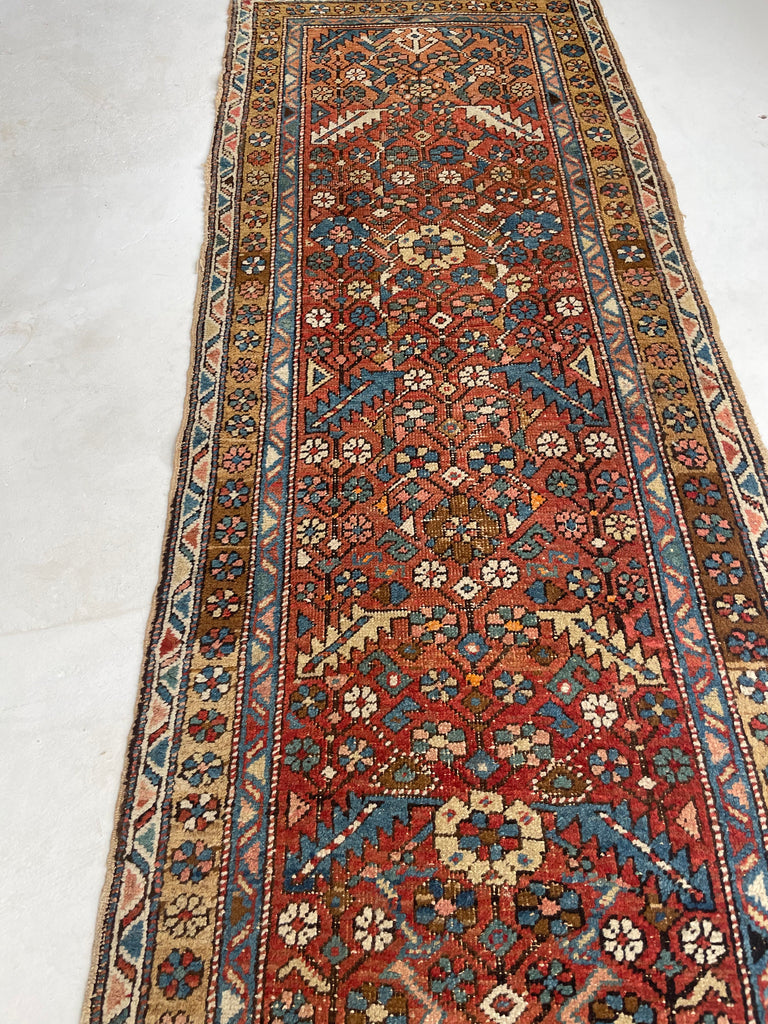 SOLD | LOVELY Narrow Antique Heriz/Meshkin Runner | Soft Rust, Camel, French Blue | 2.9 x 9.3