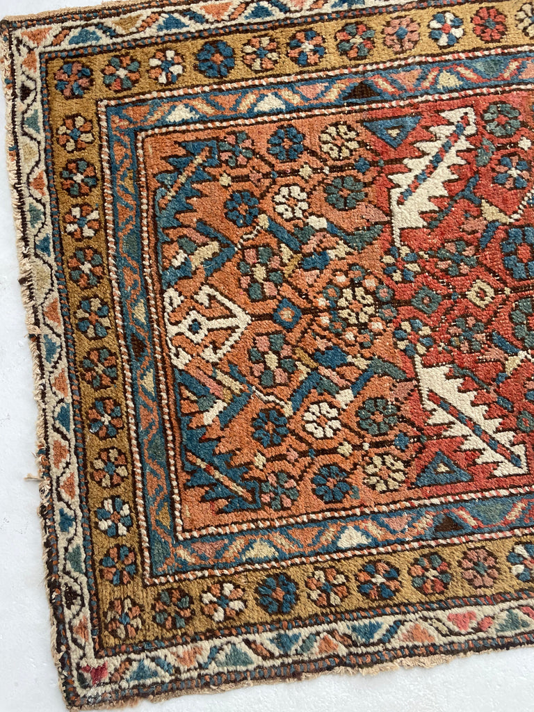 SOLD | LOVELY Narrow Antique Heriz/Meshkin Runner | Soft Rust, Camel, French Blue | 2.9 x 9.3