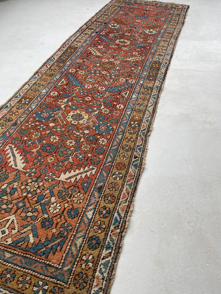 SOLD | LOVELY Narrow Antique Heriz/Meshkin Runner | Soft Rust, Camel, French Blue | 2.9 x 9.3