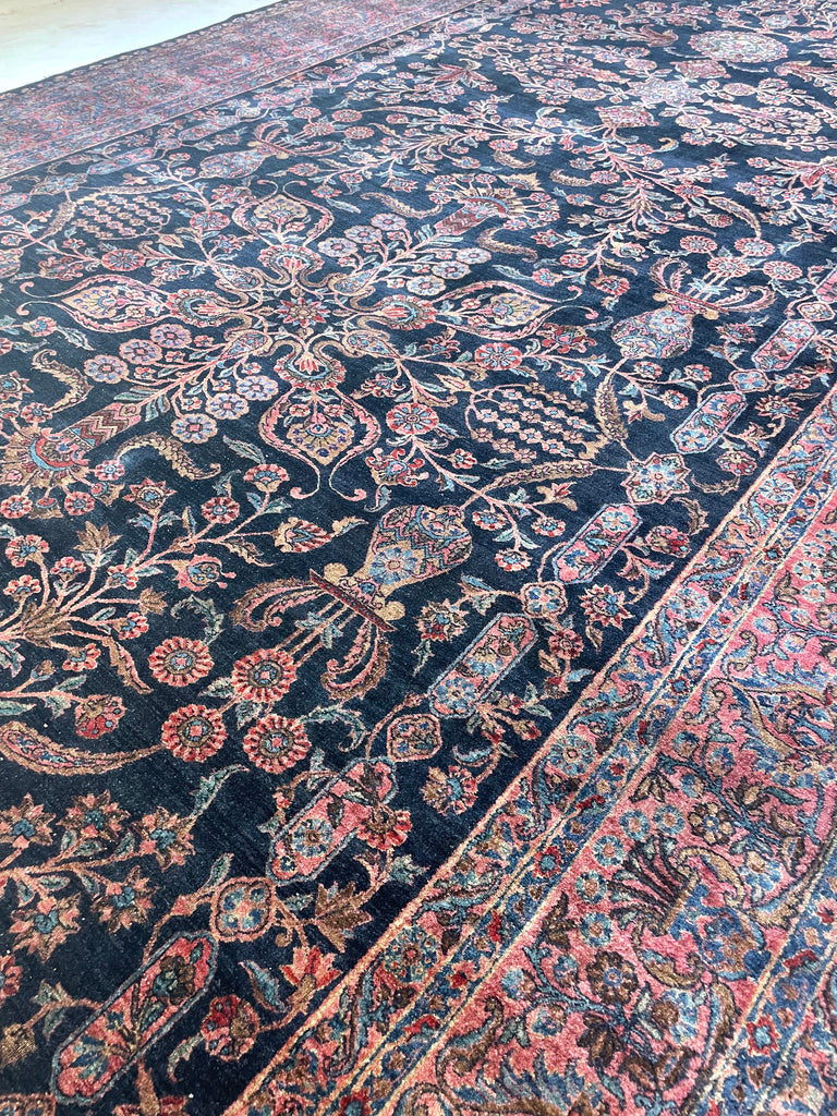 SOLD | MAMMOTH BALLROOM Size Antique Ralph Lauren Vibe | Luxurious & Velvety Botanical Navy & Pink | 11.3 x 19.4