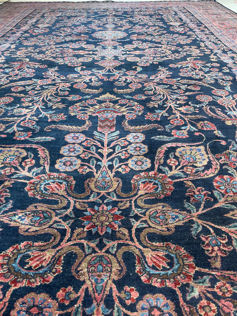 SOLD | MAMMOTH BALLROOM Size Antique Ralph Lauren Vibe | Luxurious & Velvety Botanical Navy & Pink | 11.3 x 19.4