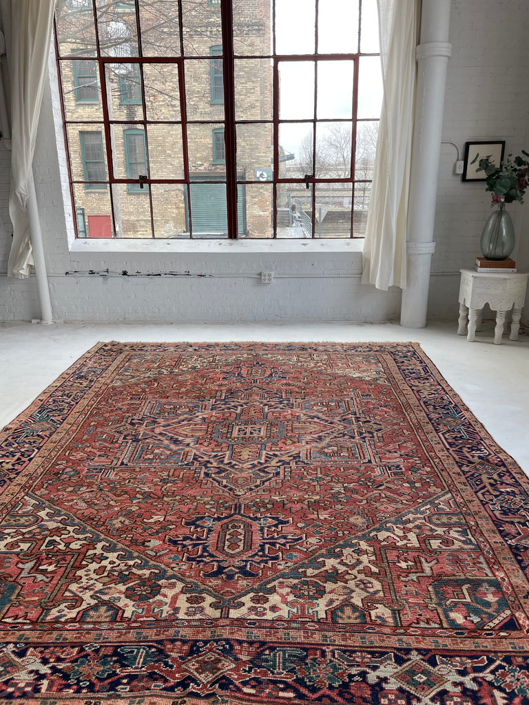 SOLD | AIRY DREAM Antique Heriz Rug | Terracotta, Green, Water Blue, Beige | 8.9 x 11