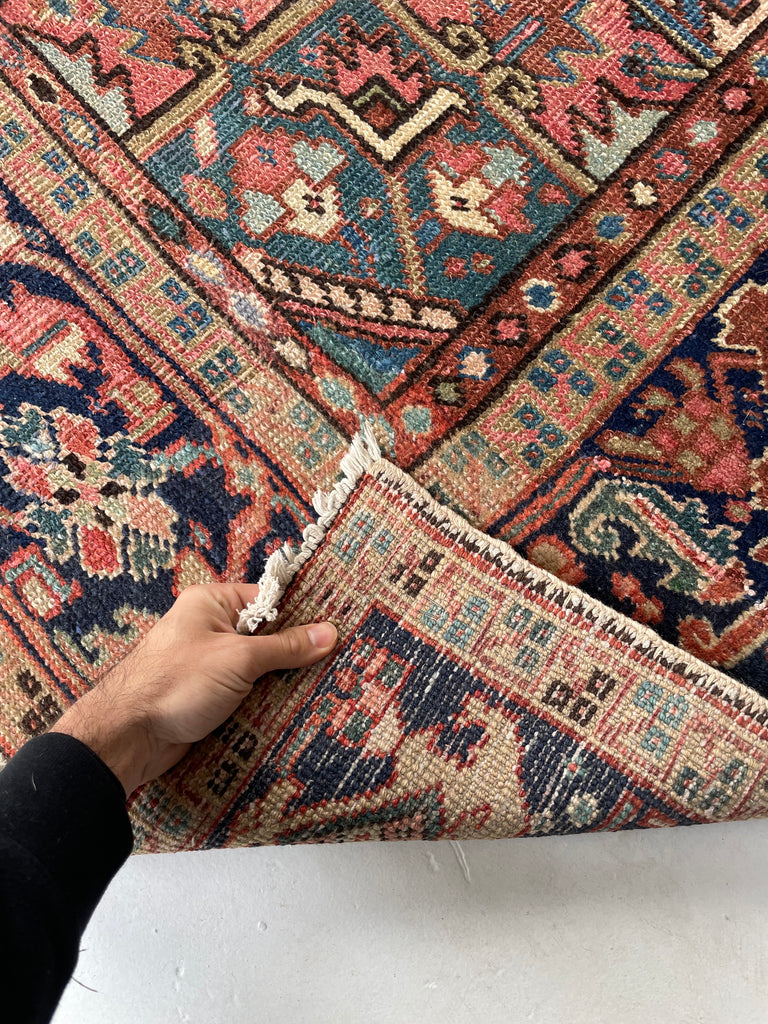 SOLD | AIRY DREAM Antique Heriz Rug | Terracotta, Green, Water Blue, Beige | 8.9 x 11