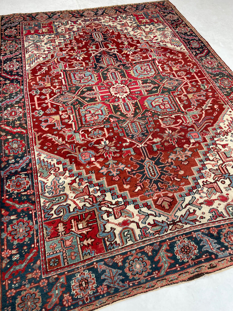 RARE-SIZED Antique Heriz Rug | Strawberry-Cherry, Clay, Indigo, Greens | 6.4 x 9