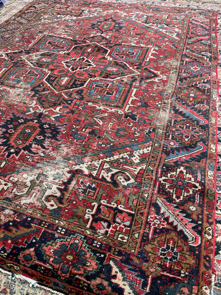 SOLD | GORGEOUS & MOODY | Worn Vintage Rug w/ Army, Olive, & Sage Greens, Peacock Blues, etc  | 8 x 11
