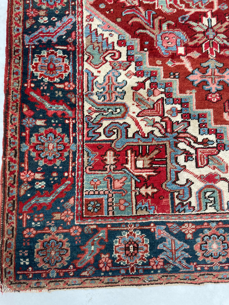 RARE-SIZED Antique Heriz Rug | Strawberry-Cherry, Clay, Indigo, Greens | 6.4 x 9
