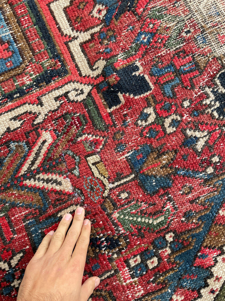 SOLD | GORGEOUS & MOODY | Worn Vintage Rug w/ Army, Olive, & Sage Greens, Peacock Blues, etc  | 8 x 11