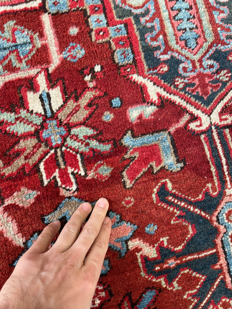 RARE-SIZED Antique Heriz Rug | Strawberry-Cherry, Clay, Indigo, Greens | 6.4 x 9