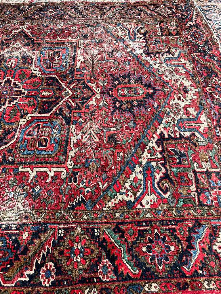 SOLD | GORGEOUS & MOODY | Worn Vintage Rug w/ Army, Olive, & Sage Greens, Peacock Blues, etc  | 8 x 11