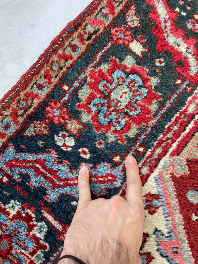 RARE-SIZED Antique Heriz Rug | Strawberry-Cherry, Clay, Indigo, Greens | 6.4 x 9