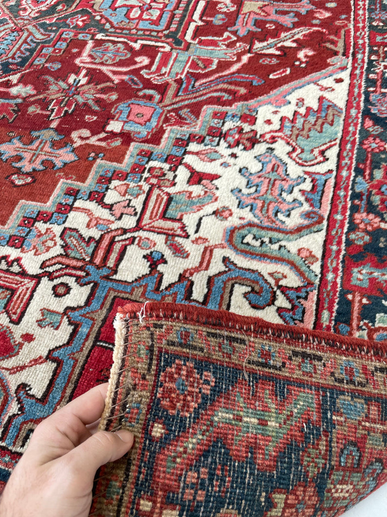 RARE-SIZED Antique Heriz Rug | Strawberry-Cherry, Clay, Indigo, Greens | 6.4 x 9