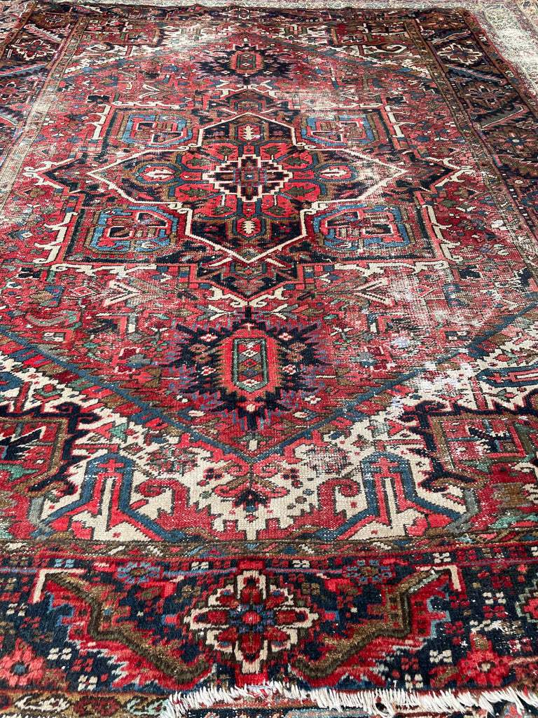 SOLD | GORGEOUS & MOODY | Worn Vintage Rug w/ Army, Olive, & Sage Greens, Peacock Blues, etc  | 8 x 11