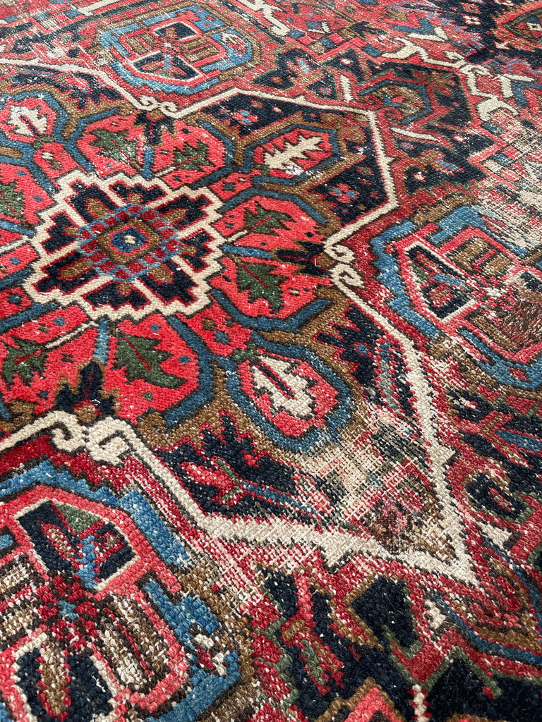 SOLD | GORGEOUS & MOODY | Worn Vintage Rug w/ Army, Olive, & Sage Greens, Peacock Blues, etc  | 8 x 11