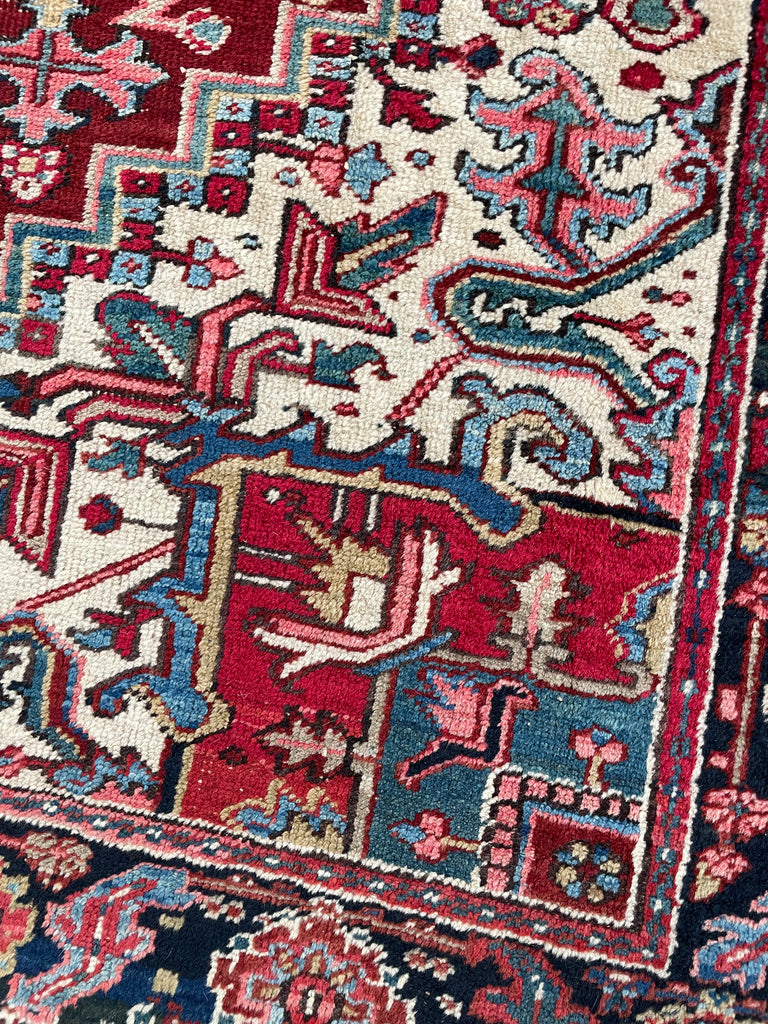 RARE-SIZED Antique Heriz Rug | Strawberry-Cherry, Clay, Indigo, Greens | 6.4 x 9