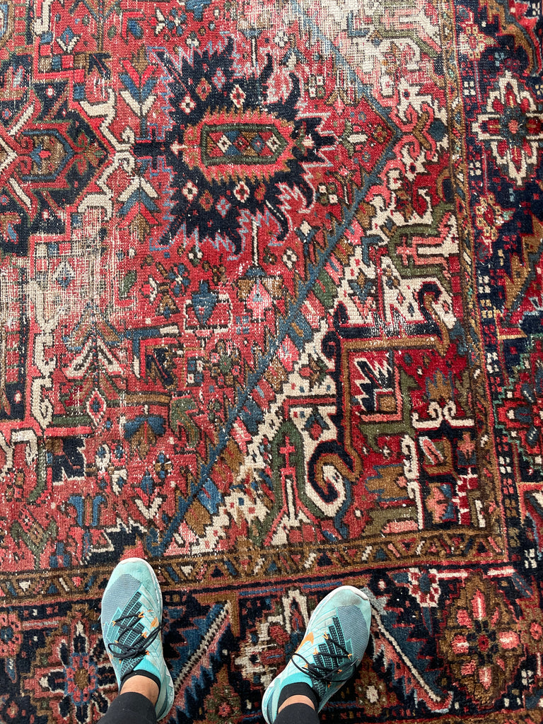 SOLD | GORGEOUS & MOODY | Worn Vintage Rug w/ Army, Olive, & Sage Greens, Peacock Blues, etc  | 8 x 11