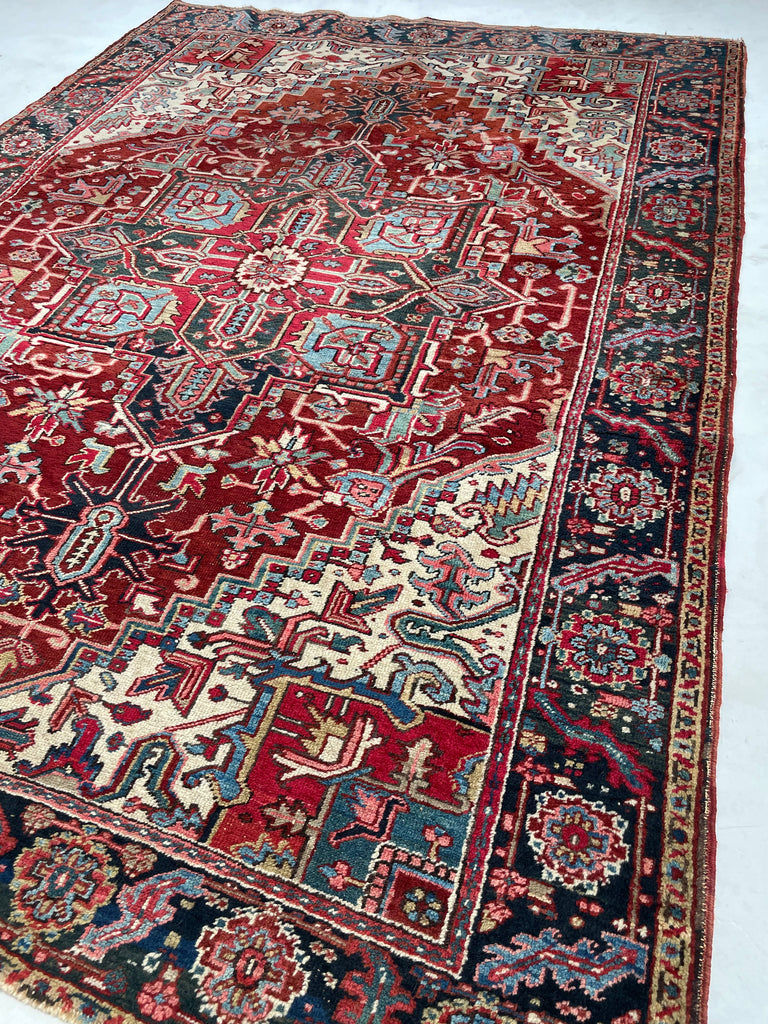 RARE-SIZED Antique Heriz Rug | Strawberry-Cherry, Clay, Indigo, Greens | 6.4 x 9