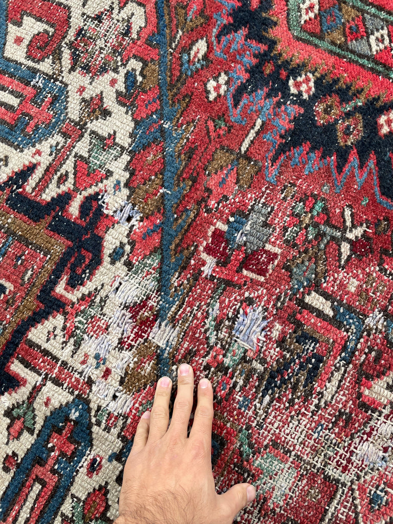 SOLD | GORGEOUS & MOODY | Worn Vintage Rug w/ Army, Olive, & Sage Greens, Peacock Blues, etc  | 8 x 11
