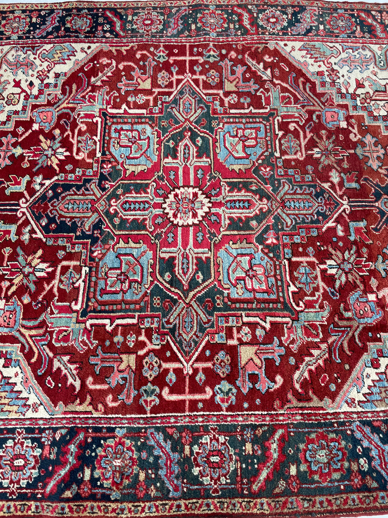RARE-SIZED Antique Heriz Rug | Strawberry-Cherry, Clay, Indigo, Greens | 6.4 x 9
