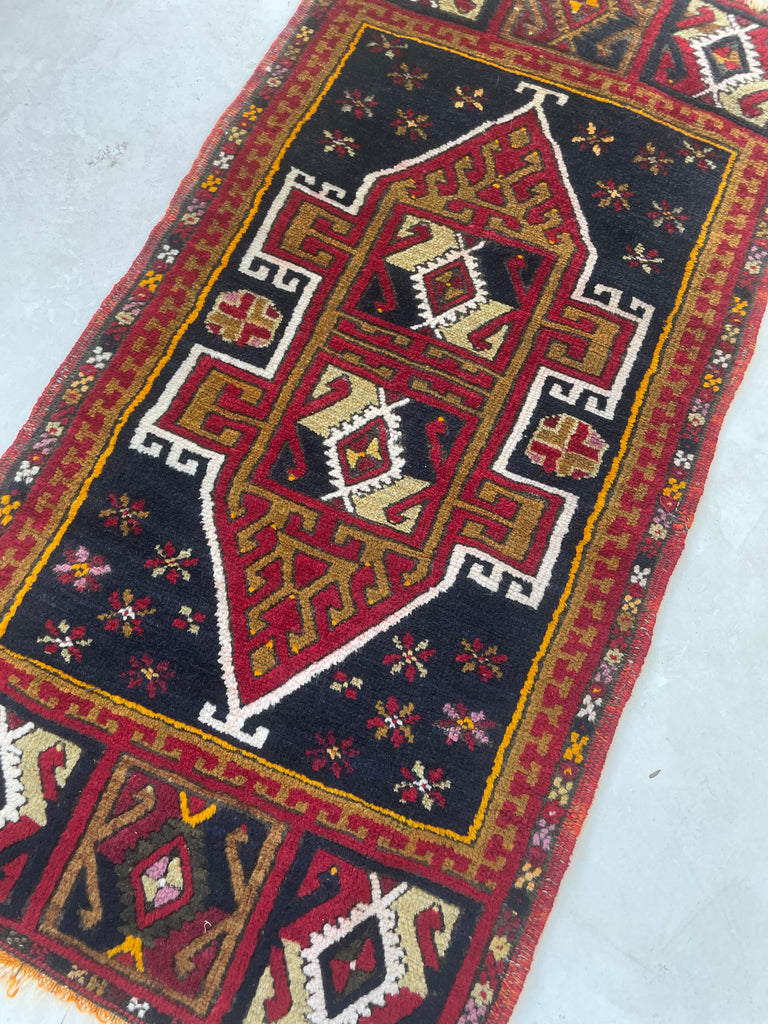 SOLD | Funky Vintage Turkish with Rich Reds, Indigo, Chestnut & even Tangerine | 1.9 x 3.4