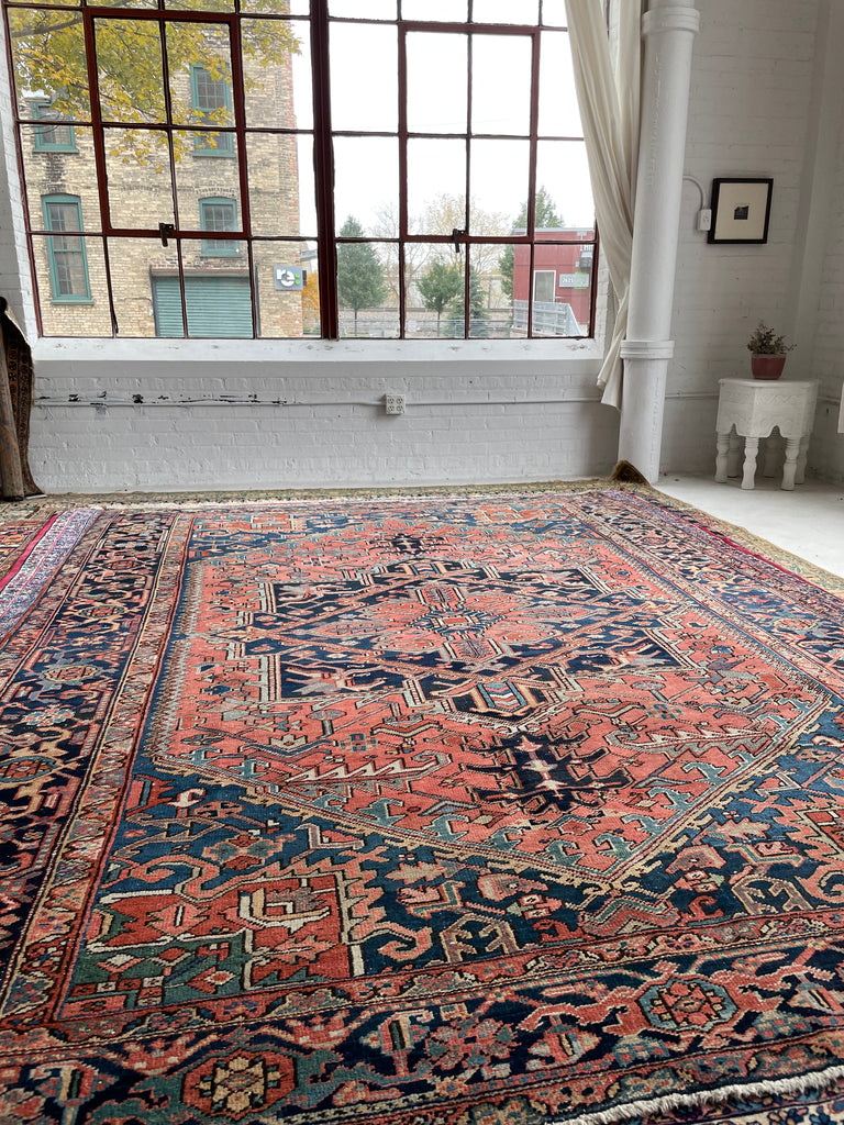 SOLD | SWOONING Watermelon & Denim Blue Antique Persian Heriz | INCREDIBLE PIECE | 7.9 x 10.8