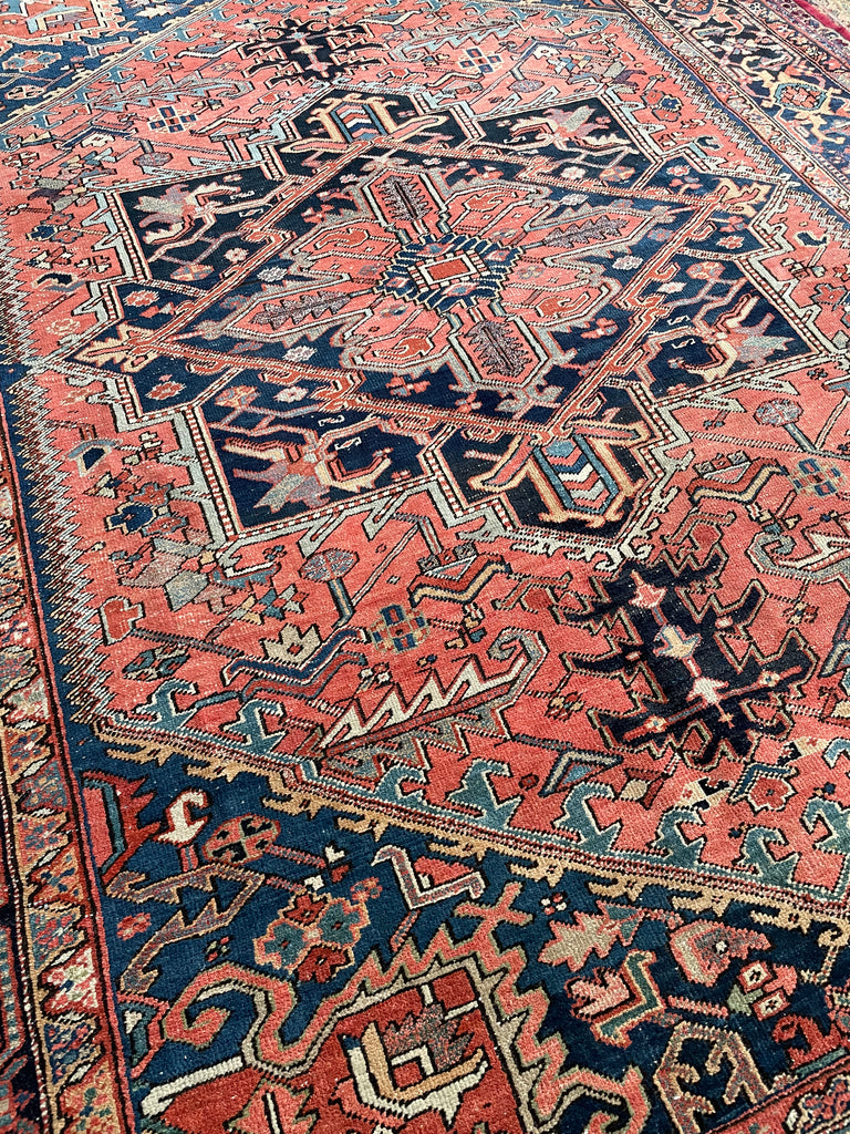 SOLD | SWOONING Watermelon & Denim Blue Antique Persian Heriz | INCREDIBLE PIECE | 7.9 x 10.8