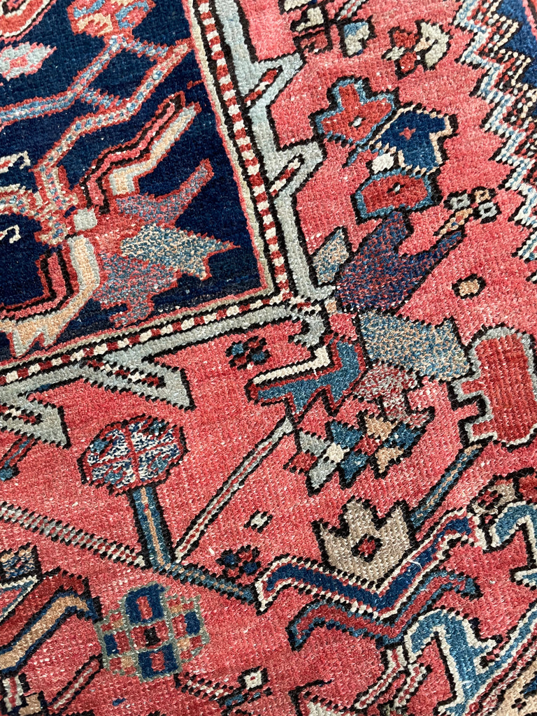 SOLD | SWOONING Watermelon & Denim Blue Antique Persian Heriz | INCREDIBLE PIECE | 7.9 x 10.8