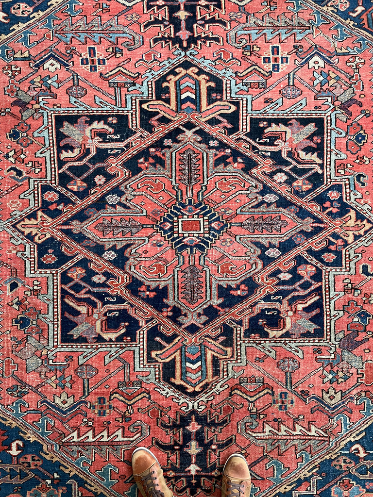 SOLD | SWOONING Watermelon & Denim Blue Antique Persian Heriz | INCREDIBLE PIECE | 7.9 x 10.8