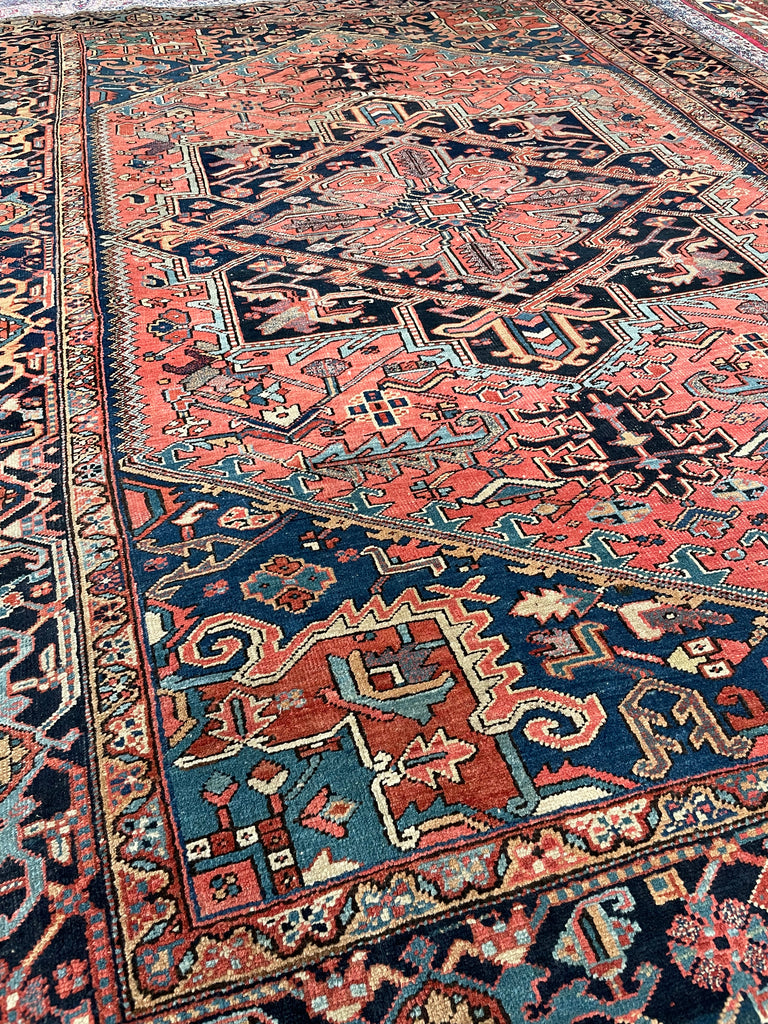 SOLD | SWOONING Watermelon & Denim Blue Antique Persian Heriz | INCREDIBLE PIECE | 7.9 x 10.8