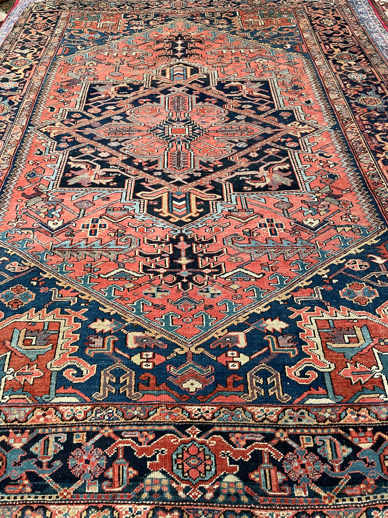 SOLD | SWOONING Watermelon & Denim Blue Antique Persian Heriz | INCREDIBLE PIECE | 7.9 x 10.8