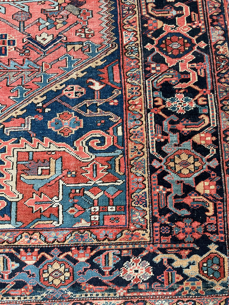 SOLD | SWOONING Watermelon & Denim Blue Antique Persian Heriz | INCREDIBLE PIECE | 7.9 x 10.8