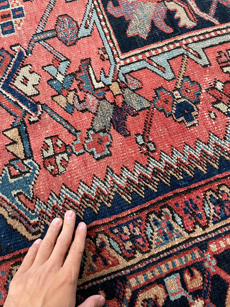 SOLD | SWOONING Watermelon & Denim Blue Antique Persian Heriz | INCREDIBLE PIECE | 7.9 x 10.8