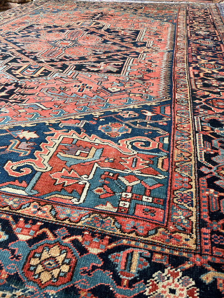 SOLD | SWOONING Watermelon & Denim Blue Antique Persian Heriz | INCREDIBLE PIECE | 7.9 x 10.8