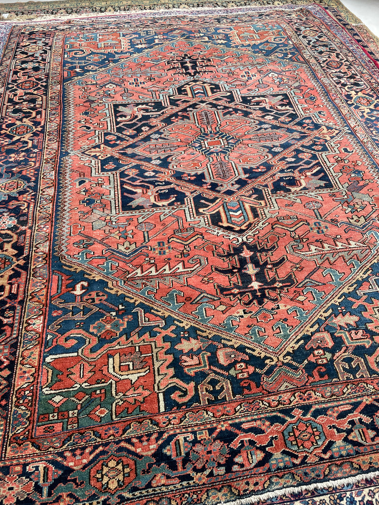 SOLD | SWOONING Watermelon & Denim Blue Antique Persian Heriz | INCREDIBLE PIECE | 7.9 x 10.8