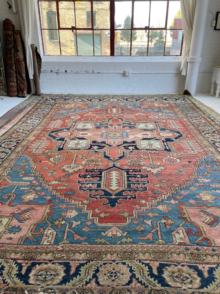 SOLD | C. 1910, ONE-OF-ONE SPECTACULAR Early Antique Tribal Piece with Goregous Border - Rust, Salmon, Denim, Camel | 9.6 x 13