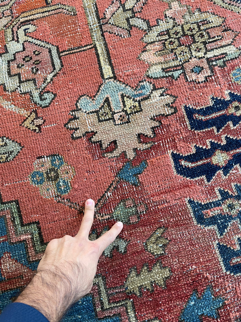 SOLD | C. 1910, ONE-OF-ONE SPECTACULAR Early Antique Tribal Piece with Goregous Border - Rust, Salmon, Denim, Camel | 9.6 x 13