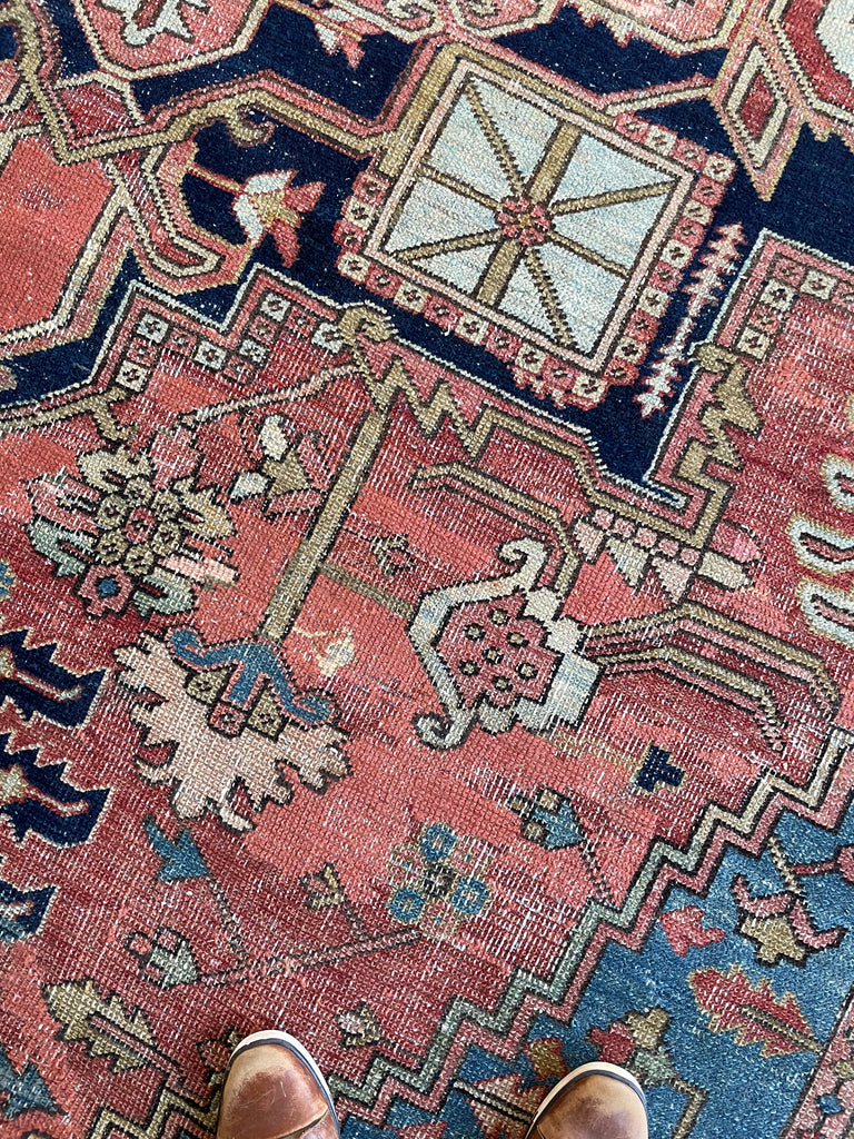 SOLD | C. 1910, ONE-OF-ONE SPECTACULAR Early Antique Tribal Piece with Goregous Border - Rust, Salmon, Denim, Camel | 9.6 x 13