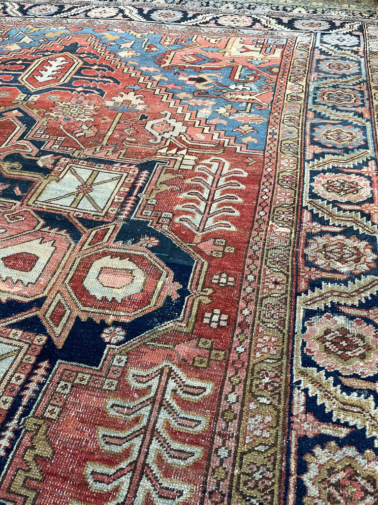 SOLD | C. 1910, ONE-OF-ONE SPECTACULAR Early Antique Tribal Piece with Goregous Border - Rust, Salmon, Denim, Camel | 9.6 x 13