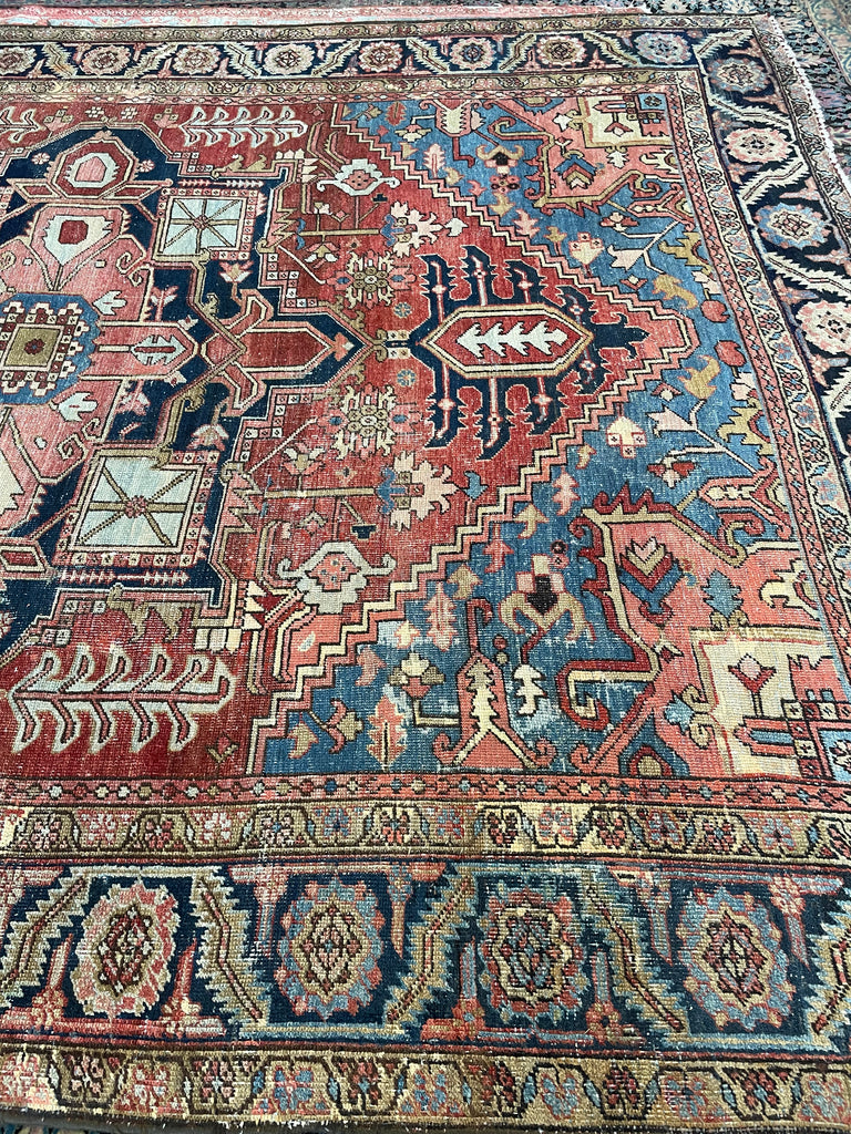 SOLD | C. 1910, ONE-OF-ONE SPECTACULAR Early Antique Tribal Piece with Goregous Border - Rust, Salmon, Denim, Camel | 9.6 x 13