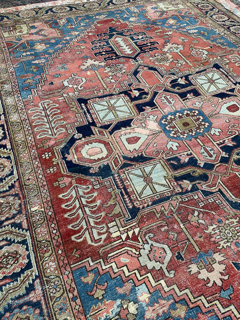 SOLD | C. 1910, ONE-OF-ONE SPECTACULAR Early Antique Tribal Piece with Goregous Border - Rust, Salmon, Denim, Camel | 9.6 x 13