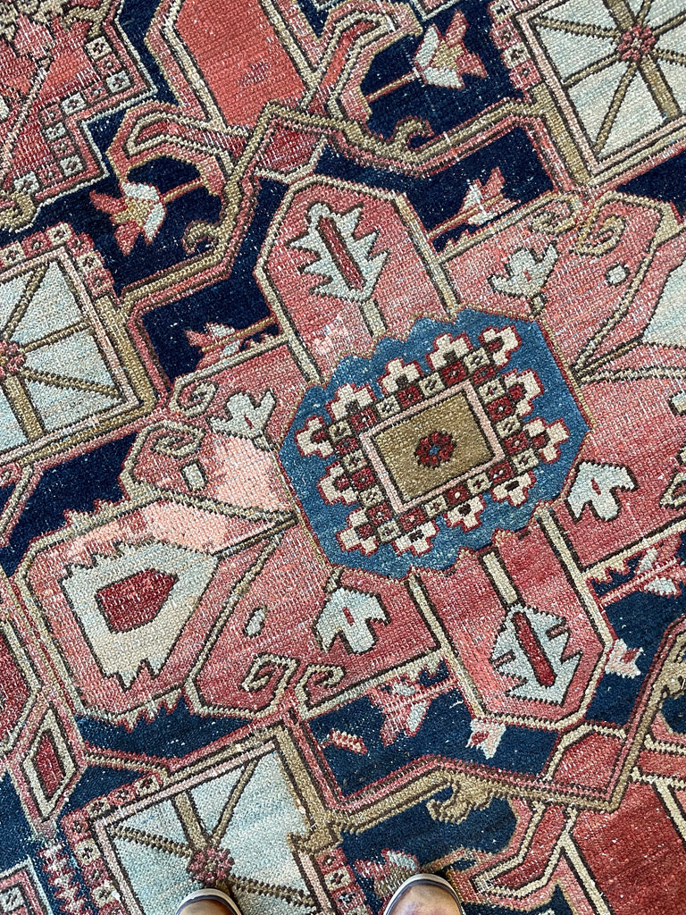 SOLD | C. 1910, ONE-OF-ONE SPECTACULAR Early Antique Tribal Piece with Goregous Border - Rust, Salmon, Denim, Camel | 9.6 x 13