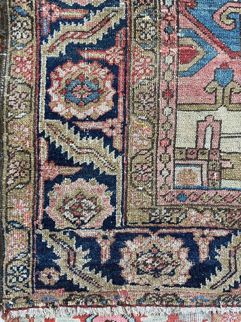SOLD | C. 1910, ONE-OF-ONE SPECTACULAR Early Antique Tribal Piece with Goregous Border - Rust, Salmon, Denim, Camel | 9.6 x 13