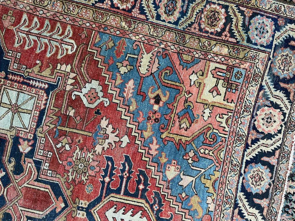 SOLD | C. 1910, ONE-OF-ONE SPECTACULAR Early Antique Tribal Piece with Goregous Border - Rust, Salmon, Denim, Camel | 9.6 x 13