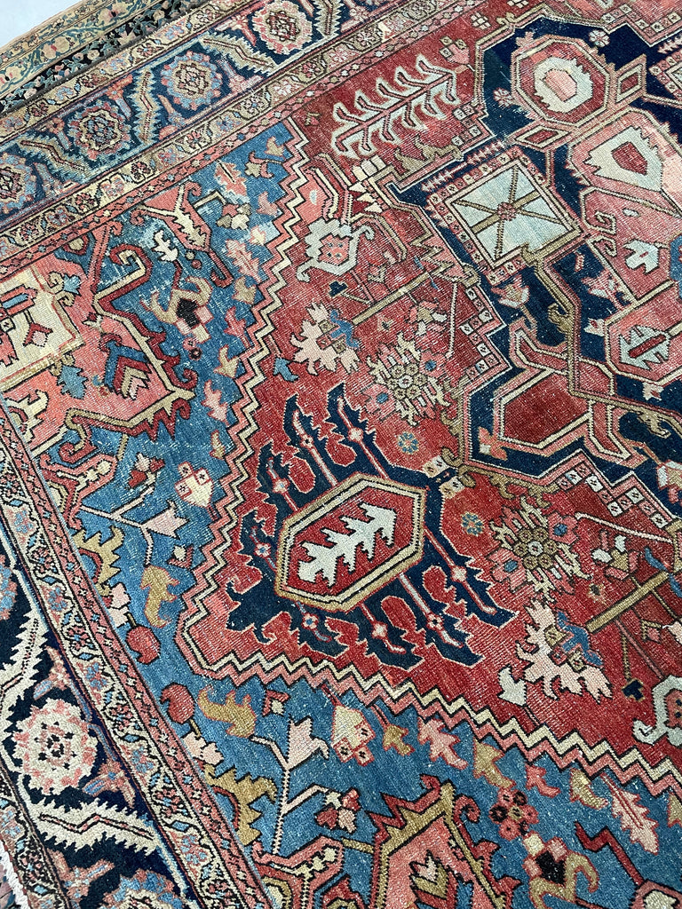 SOLD | C. 1910, ONE-OF-ONE SPECTACULAR Early Antique Tribal Piece with Goregous Border - Rust, Salmon, Denim, Camel | 9.6 x 13