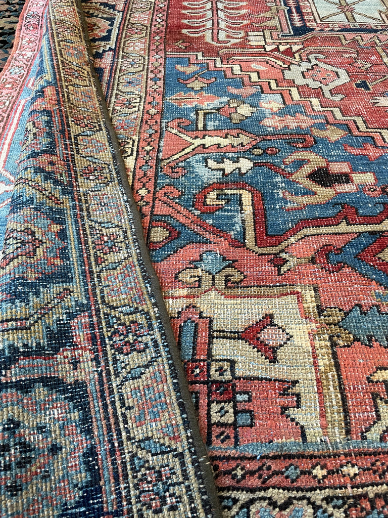SOLD | C. 1910, ONE-OF-ONE SPECTACULAR Early Antique Tribal Piece with Goregous Border - Rust, Salmon, Denim, Camel | 9.6 x 13