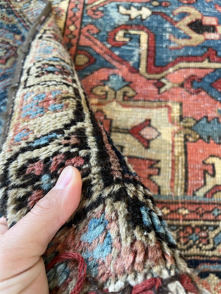SOLD | C. 1910, ONE-OF-ONE SPECTACULAR Early Antique Tribal Piece with Goregous Border - Rust, Salmon, Denim, Camel | 9.6 x 13