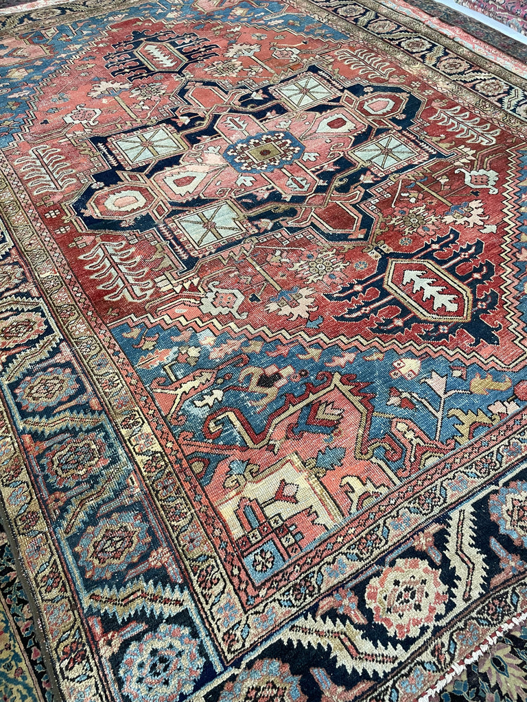SOLD | C. 1910, ONE-OF-ONE SPECTACULAR Early Antique Tribal Piece with Goregous Border - Rust, Salmon, Denim, Camel | 9.6 x 13