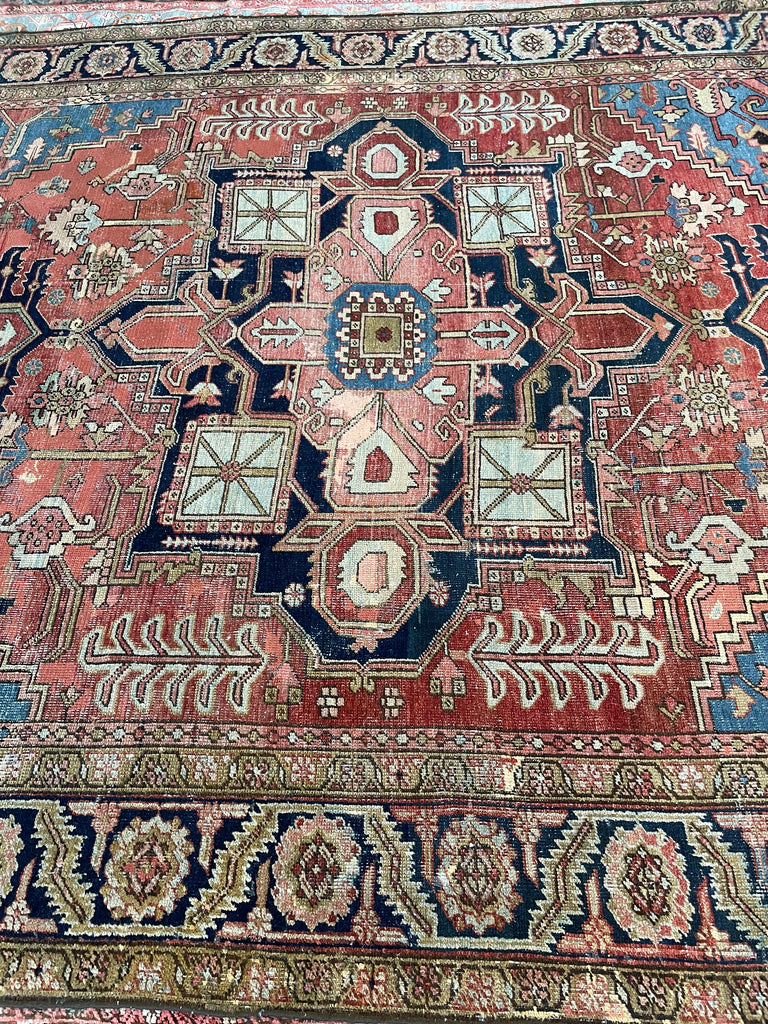 SOLD | C. 1910, ONE-OF-ONE SPECTACULAR Early Antique Tribal Piece with Goregous Border - Rust, Salmon, Denim, Camel | 9.6 x 13