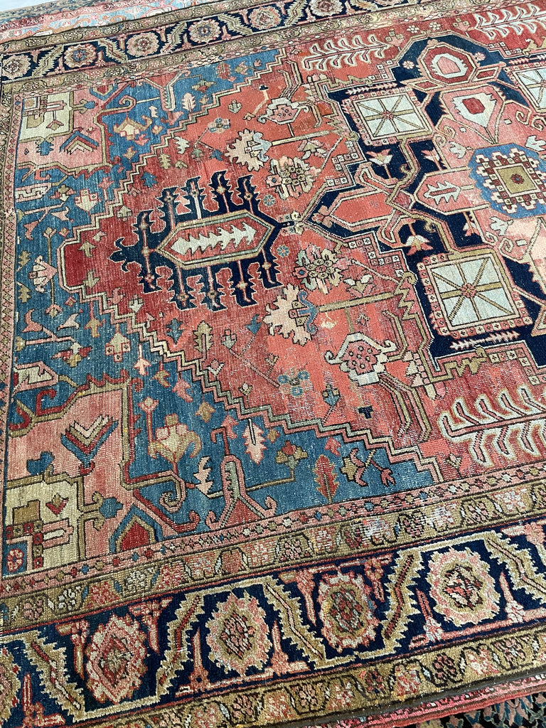 SOLD | C. 1910, ONE-OF-ONE SPECTACULAR Early Antique Tribal Piece with Goregous Border - Rust, Salmon, Denim, Camel | 9.6 x 13