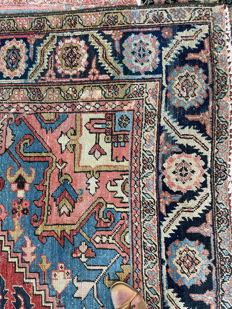 SOLD | C. 1910, ONE-OF-ONE SPECTACULAR Early Antique Tribal Piece with Goregous Border - Rust, Salmon, Denim, Camel | 9.6 x 13