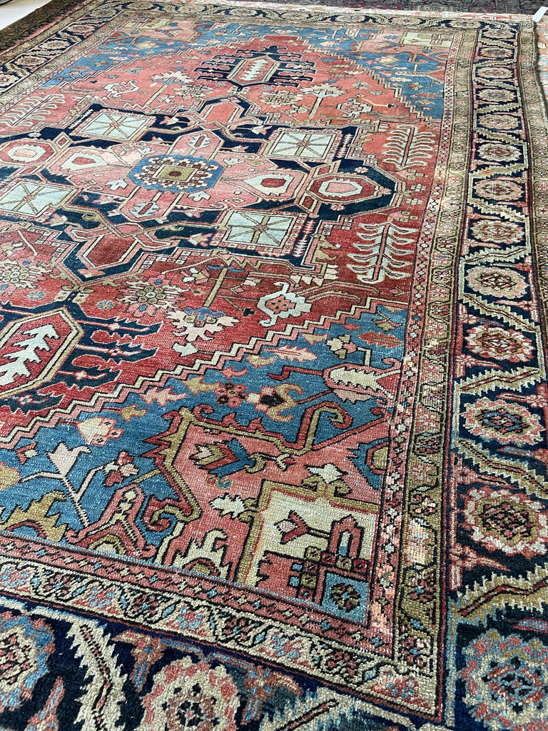 SOLD | C. 1910, ONE-OF-ONE SPECTACULAR Early Antique Tribal Piece with Goregous Border - Rust, Salmon, Denim, Camel | 9.6 x 13